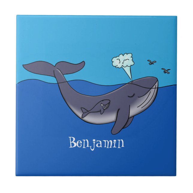 Cute whale and calf whimsical cartoon ceramic tile (Front)