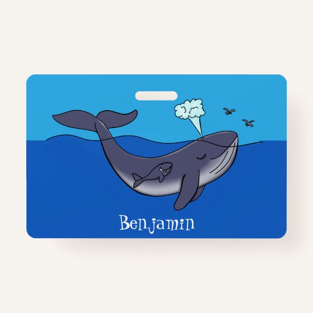 Cute whale and calf whimsical cartoon ID badge (Front)