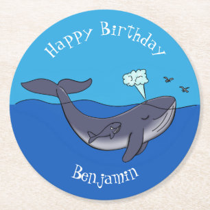 Cute whale and calf whimsical cartoon round paper coaster
