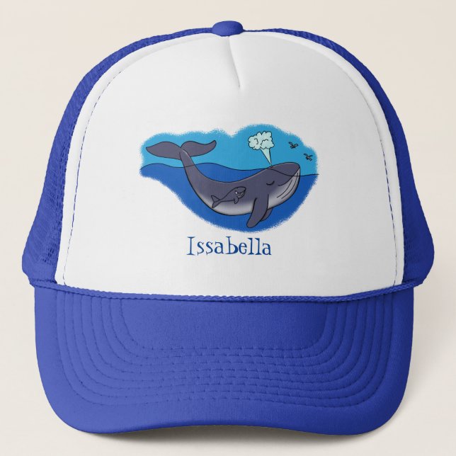 Cute whale and calf whimsical cartoon trucker hat (Front)