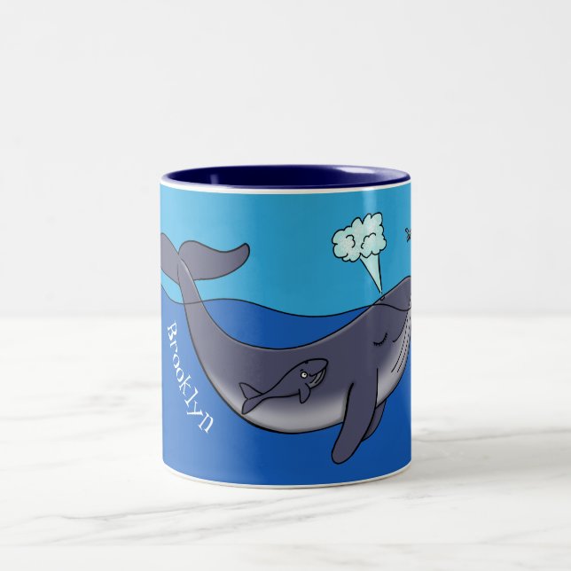 Cute whale and calf whimsical cartoon Two-Tone coffee mug (Center)