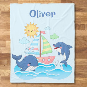 Cute Whale and Dolphin Sailboat Fleece Blanket