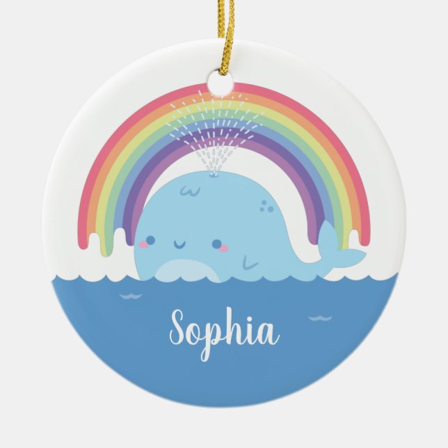 Cute Whale and Rainbow, Colourful Ceramic Ornament (Front)