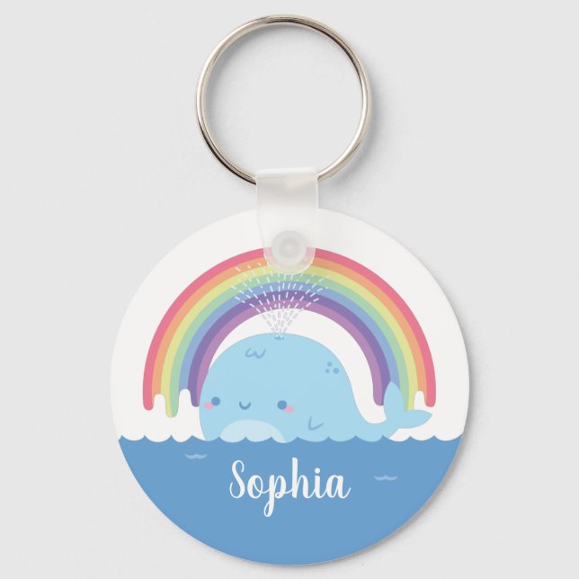 Cute Whale and Rainbow, Colourful Personalised Key Ring (Front)
