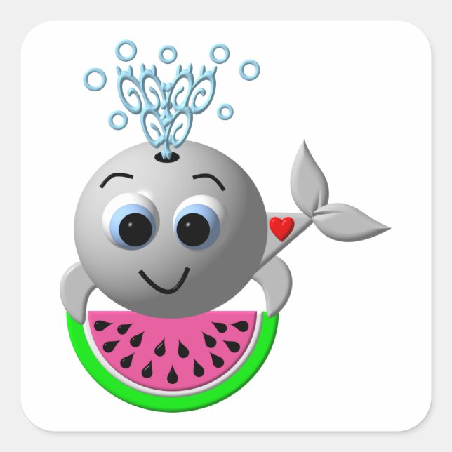 Cute Whale and Watermelon Square Sticker (Front)