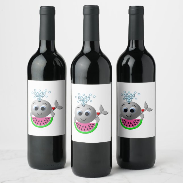 Cute Whale and Watermelon Wine Label (Bottles)