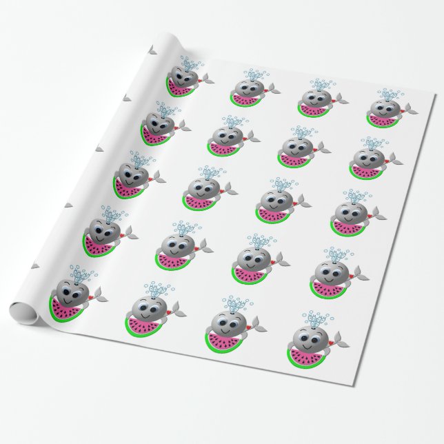 Cute Whale and Watermelon Wrapping Paper (Unrolled)