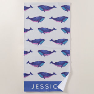Cute Whale Art Pattern in Ocean Blue Personalised Beach Towel