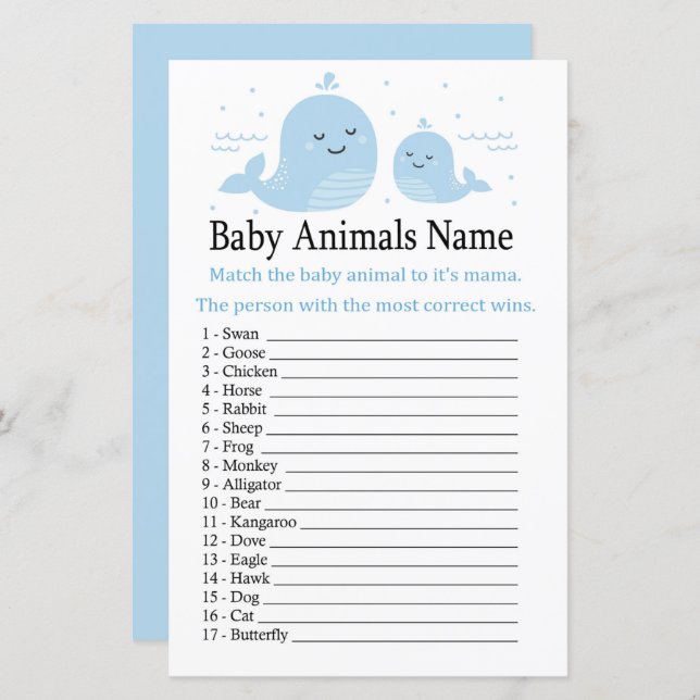 Cute Whale Baby Animals Name Game (Front/Back)