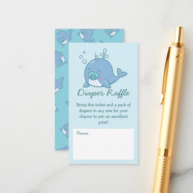 Cute Whale Baby Shower Diaper Raffle Boy Blue Enclosure Card (Front/Back In Situ)