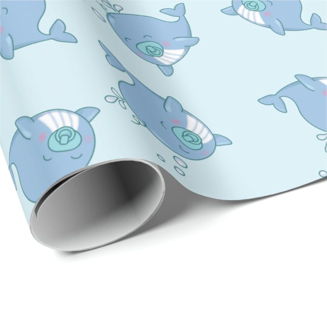 Cute Whale Baby Shower Kawaii Boy Blue Wrapping Paper (Roll Corner)