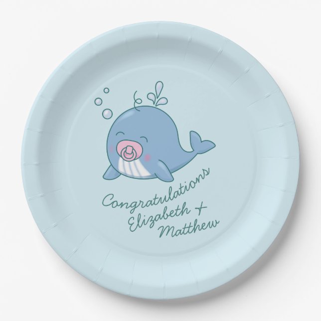 Cute Whale Baby Shower Kawaii Girl Pink Paper Plate (Front)