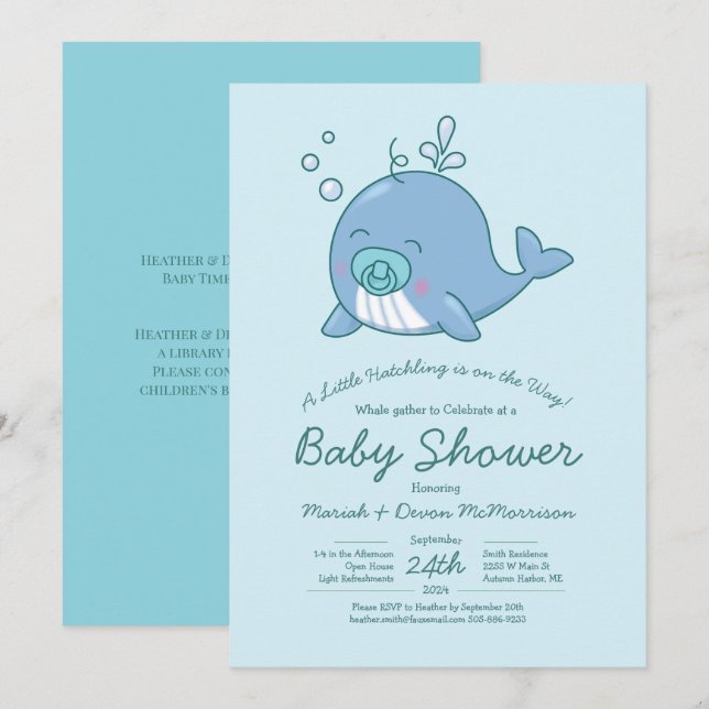 Cute Whale Baby Shower Kawaii Invitation Boy Blue (Front/Back)
