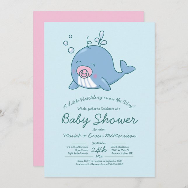 Cute Whale Baby Shower Kawaii Invitation Girl Pink (Front/Back)