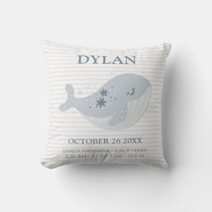 Cute Whale Blue Boy Birth Announcement Stats Cushion