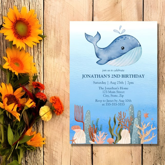  Cute Whale Blue Sea Coral Reef 2nd Birthday  Invitation (Creator Uploaded)