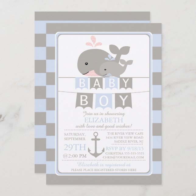 Cute whale Boy Baby Shower Invitation (Front/Back)