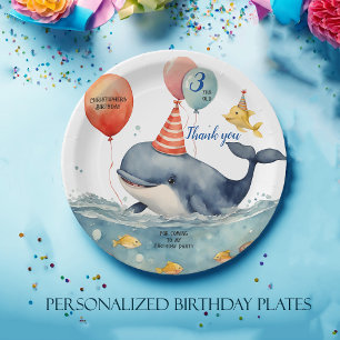 Cute Whale Boys Personalised Birthday Thank You Paper Plate