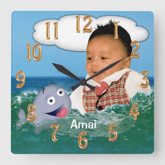 Cute Whale Clock with Your Cut Out Photo and Name (Front)