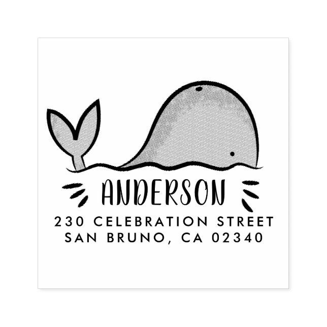 Cute Whale Custom Family Name & Return Address Rubber Stamp (Imprint)