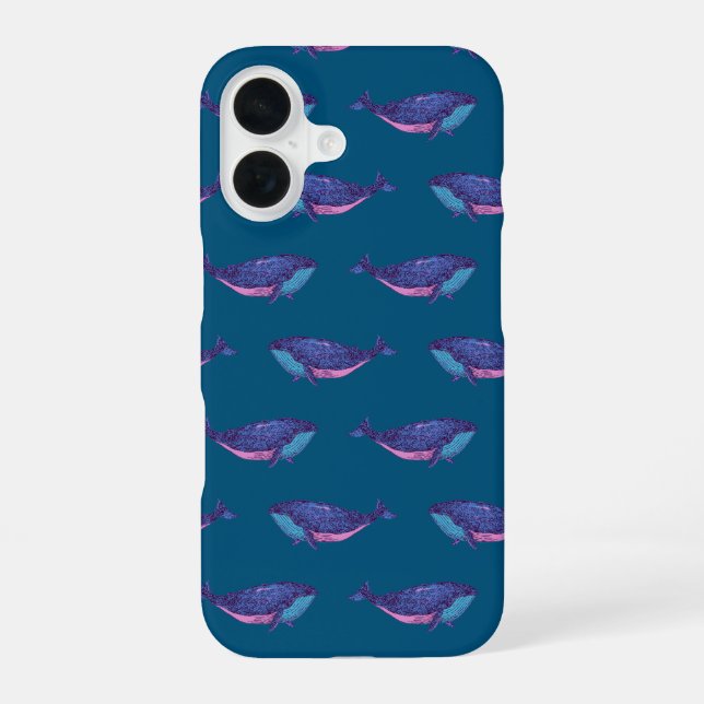 Cute Whale Drawing Pattern in Ocean Blue iPhone 16 Case (Back)