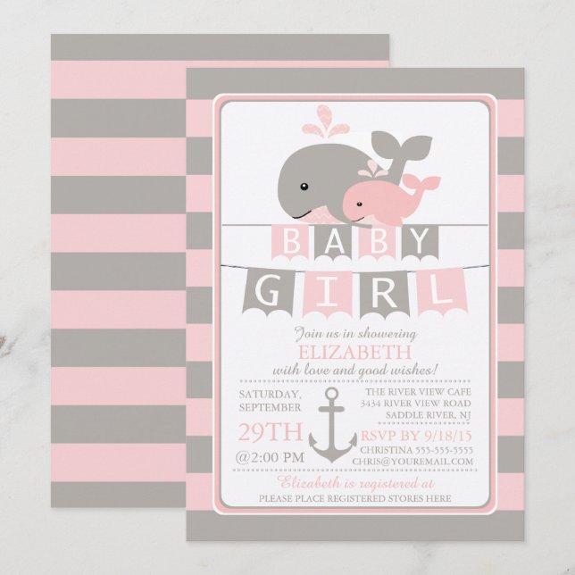 Cute whale Girl Baby Shower Invitation (Front/Back)