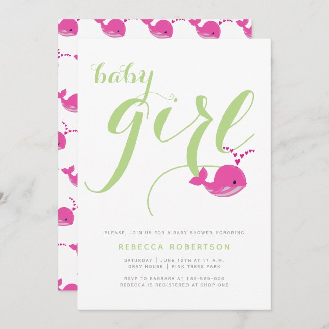 Cute whale green typography baby girl shower invitation (Front/Back)