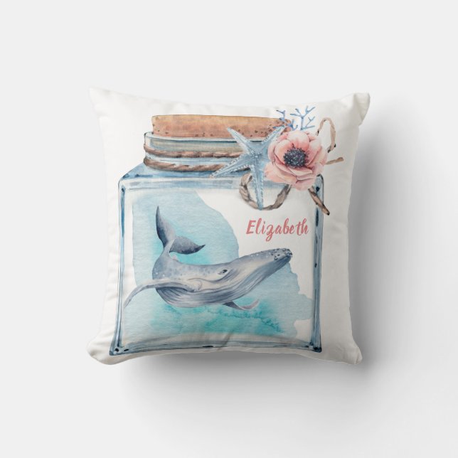 Cute Whale In A Jar With Name Cushion (Front)