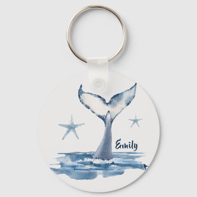 Cute Whale In The Sea With Name Key Ring (Front)