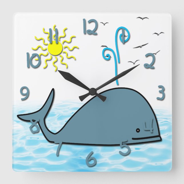 Cute Whale Kid's Square Wall Clock (Front)