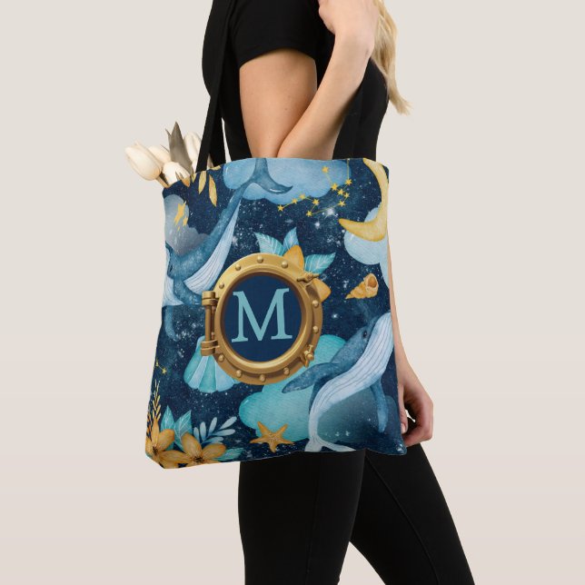 Cute Whale Nautical Ship Porthole Monogram Tote Bag (Close Up)
