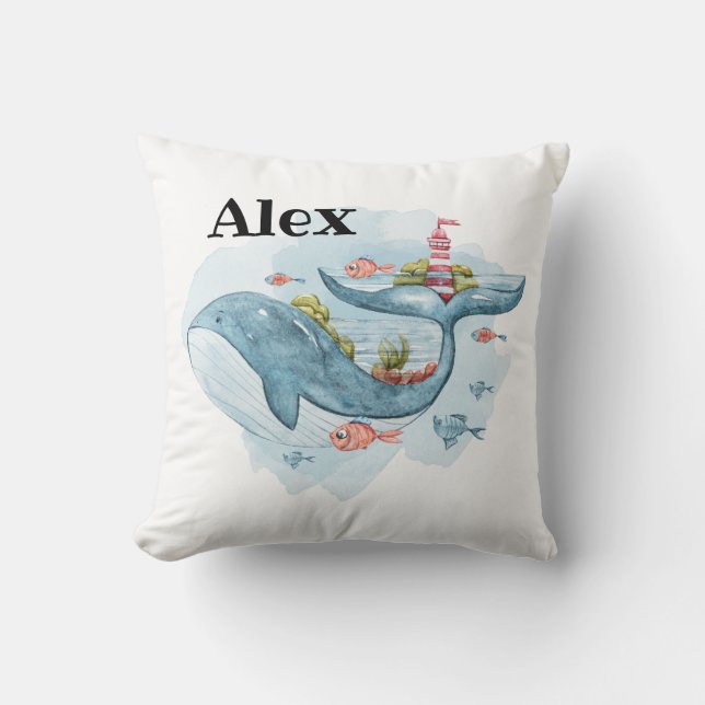 Cute Whale Nursery Decor Custom Name Cushion (Front)