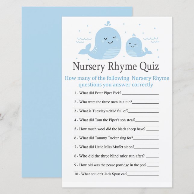 Cute Whale Nursery Rhyme Quiz baby shower game (Front/Back)