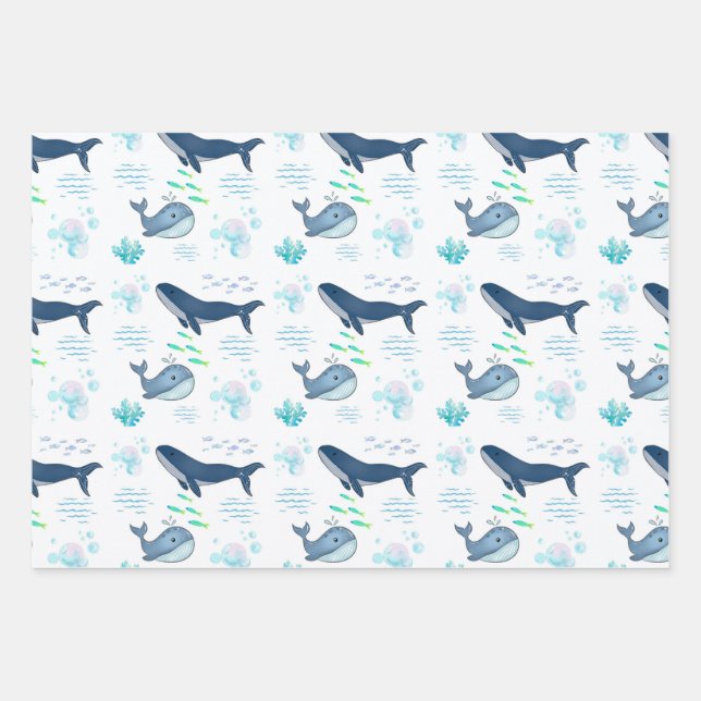 Cute Whale Ocean Pattern – Underwater Sea Life Wrapping Paper Sheet (Front)