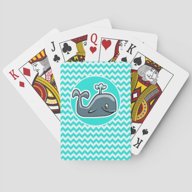 Cute Whale on Turquoise, Aqua Colour Chevron Playing Cards (Back)