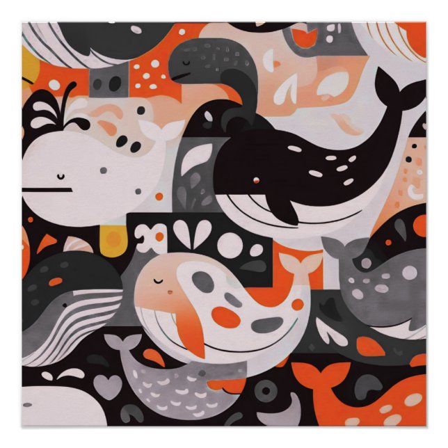 Cute Whale Pattern Modern Ocean Wall Art (Front)