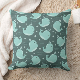 Cute Whale Pattern on Teal Blue Kids Cushion