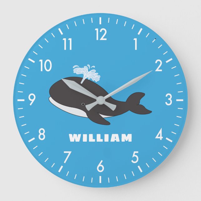 Cute Whale Personalised Custom Name Back To School Large Clock (Front)