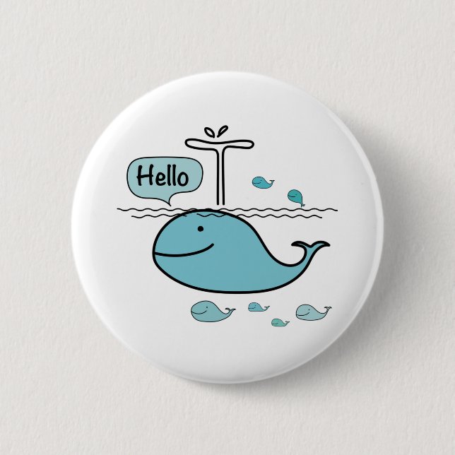 cute whale, say hello on the sea 6 cm round badge (Front)