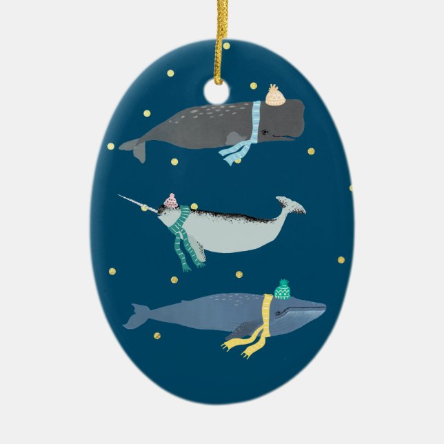 Cute Whale Scarves Winter Christmas Illustration   Ceramic Ornament (Front)
