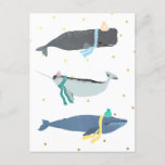 Cute Whale Scarves Winter Christmas Illustration   Postcard<br><div class="desc">Whimsical winter illustration of three whales with beanies and knitted scarves. Cute winter sweater weather narwhal,  blue whale,  sperm whale illustration. Whale Christmas-themed design.</div>