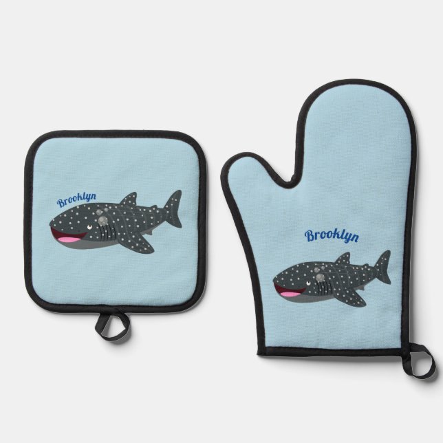 Cute whale shark happy cartoon illustration oven mitt & pot holder set (Front)
