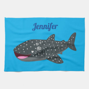 Cute whale shark happy cartoon illustration tea towel
