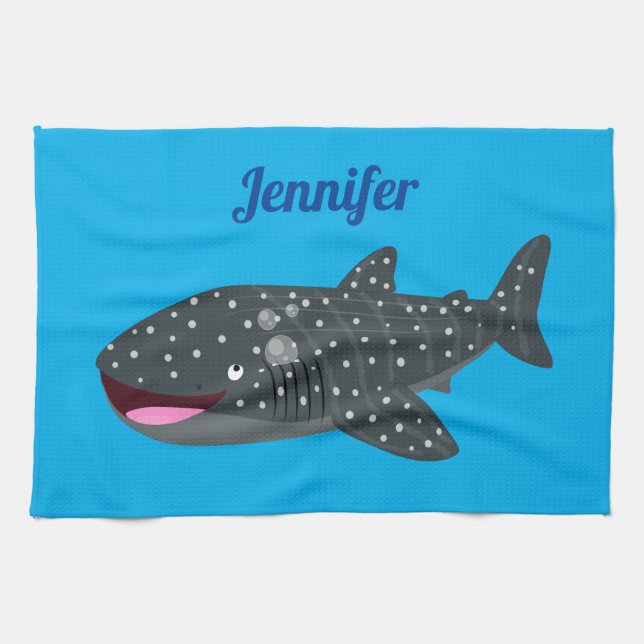 Cute whale shark happy cartoon illustration tea towel (Horizontal)