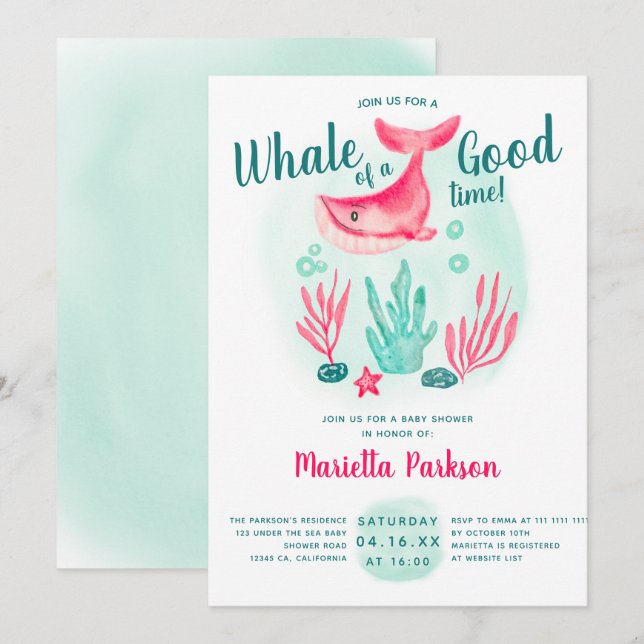 Cute whale under the sea watercolor baby shower invitation (Front/Back)