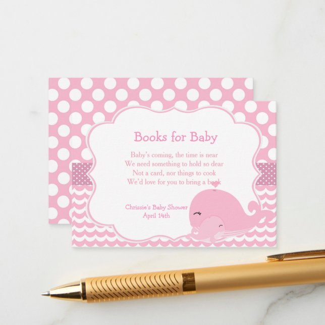 Cute Whale with Baby Pink Girl Baby Diaper Raffle Enclosure Card (Front/Back In Situ)