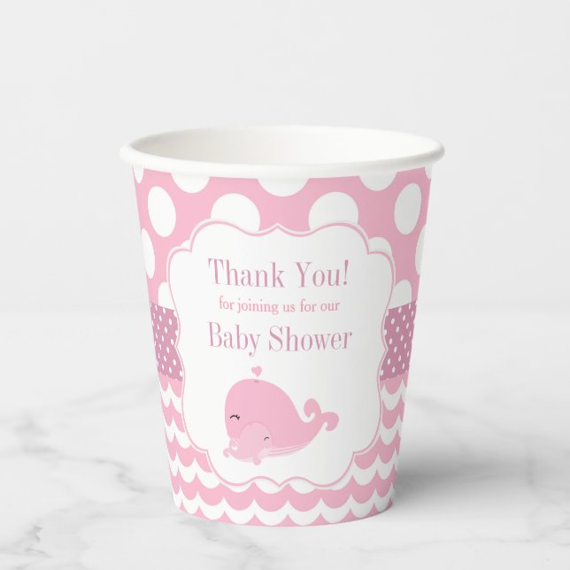 Cute Whale with Baby Pink Girl Baby Shower Paper Cups (Front)