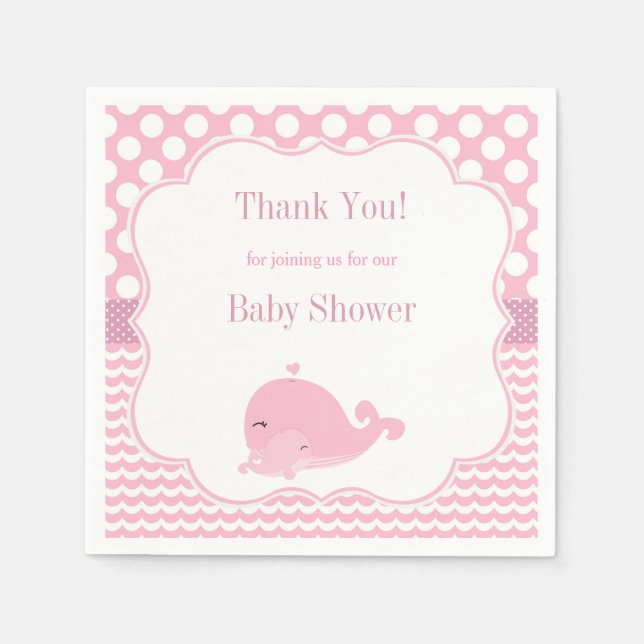 Cute Whale with Baby Pink Girl Baby Shower Paper Napkin (Front)