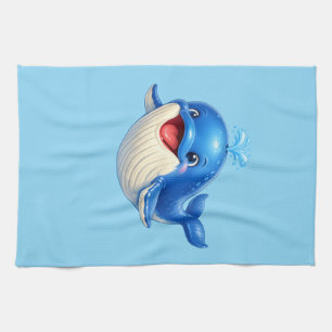 Cute Whale with Big Eyes Happy Ocean Animal Illust Tea Towel