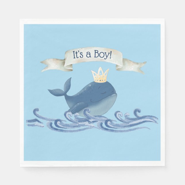 Cute Whale with Prince Crown Nautical Theme Napkin (Front)